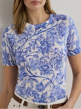 Floral Linen Cotton Short Sleeve Sweater